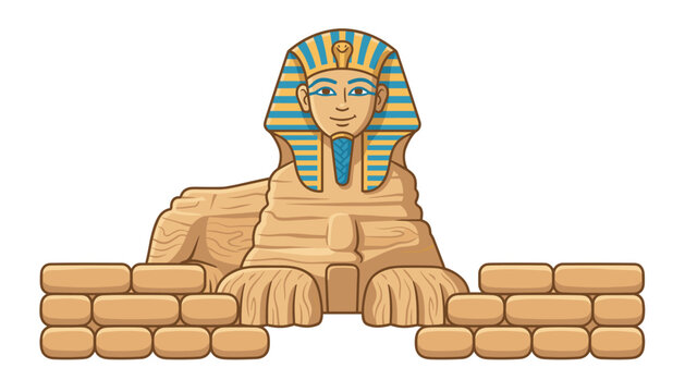 Cartoon illustration of Great Sphinx of Giza . Isolated vector graphic of ancient Egyptian landmark, pharaoh statue, stone bricks .