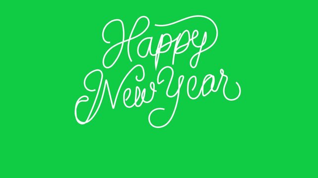 Happy New Year handwritten calligraphy script appears in glowing white against a bright green screen.