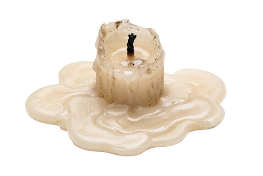 A single white candle stub with melted wax pooling on a clean isolated white background surface