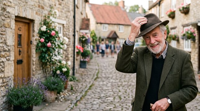 Elderly man tipping his hat on a charming cobblestone street