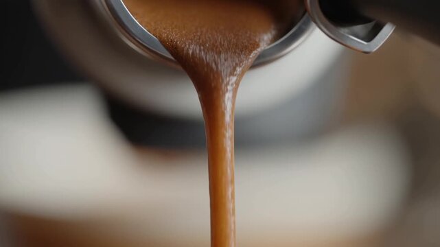 Espresso stream pouring from a coffee machine portafilter in a close-up indoor cafe setting. Coffee advertising, cafe promotion, and barista training.