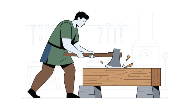 Ancient carpenter or woodcutter aggressively swinging an axe to split a large log on stone supports.