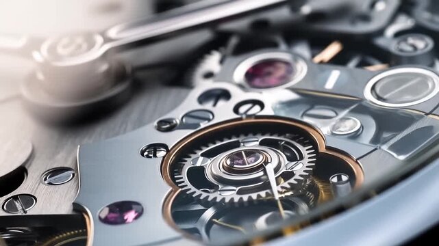Mechanical watch movement with rotating gears and balance mechanism in extreme macro close-up. Luxury watch advertising, watchmaking education, and horology editorial content.