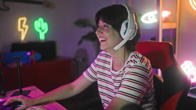 Woman with headset smiling and leaning forward, hands typing on keyboard and using mouse at computer desk in studio with neon signs; joy.