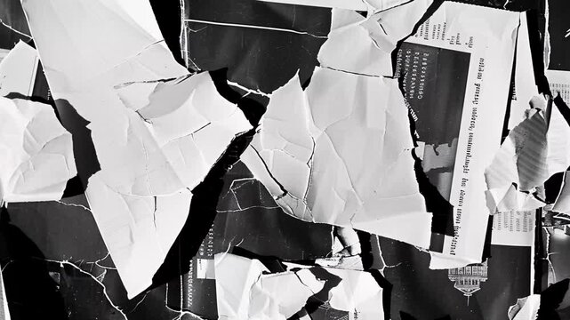 Abstract black and white composition showing torn paper and textures with contrasting shadows