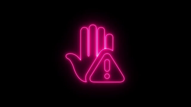 Prohibitory sign Animation with a raised hand with neon tringle icon. Danger warning with hand. prohibited Hand icon.4k motion..