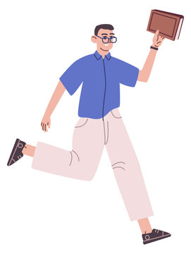 Running man with book. Student character hurry for exam