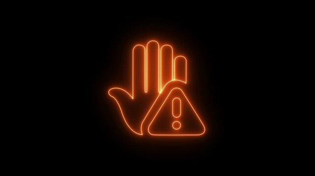 Prohibitory sign Animation with a raised hand with neon tringle icon. Danger warning with hand. prohibited Hand icon.4k motion..