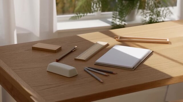 Stationery arranged on a sunlit wooden desk for writing, studying, and creative work. Home office design content, education and study campaigns, and stationery advertising.