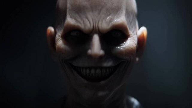 Sinister humanoid face emerging from darkness with a wide toothy grin. Horror film promotion, thriller title sequence, and halloween campaign.