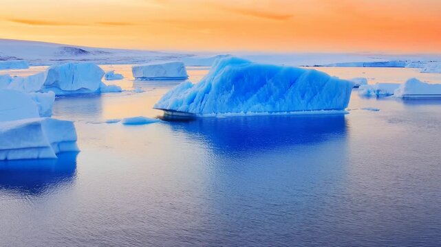 Floating icebergs drift across calm polar ocean beneath a glowing sunset sky. Climate change documentaries, environmental conservation campaigns, and nature documentary production.