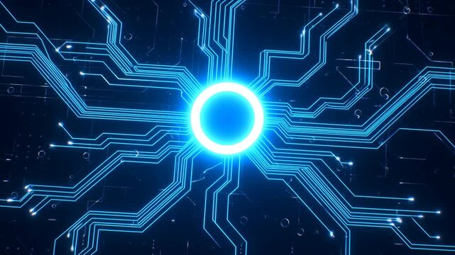 Glowing digital circuit network sends light pulses through a central node in an abstract dark technology. Technology presentations, software promotion, and data infrastructure communication.