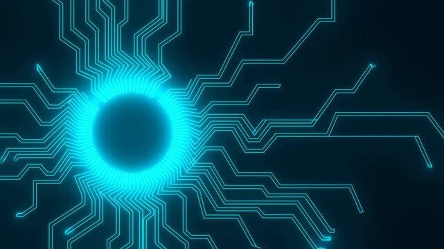 Glowing digital processor sends illuminated circuit traces across an abstract dark technology field. Technology presentations, computer hardware advertising, and cybersecurity campaigns.