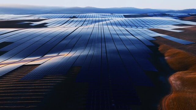 Solar panel field generates renewable energy across cultivated rural farmland beneath a distant mountain. Renewable energy advertising, sustainability presentations.