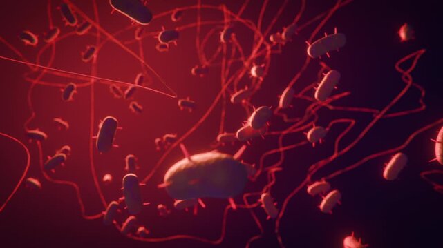 3D render of bacteria and pathogens floating in red blood or dark organic liquid