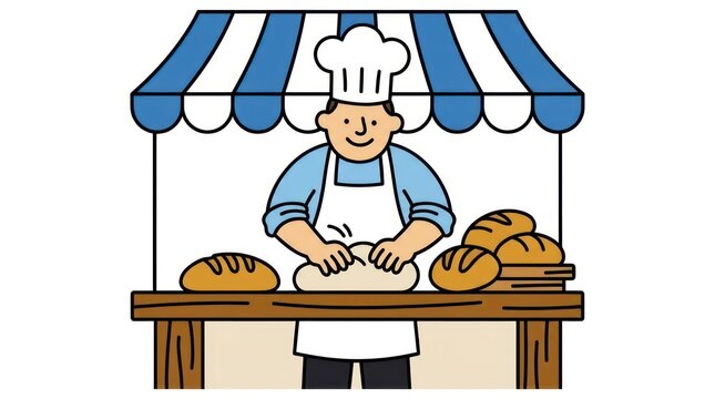 Smiling baker kneading dough at a bakery stall with fresh bread