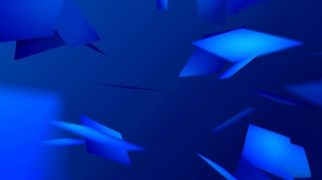 Blue rectangular and polygonal shapes float and rotate smoothly in a dark blue gradient 3D space. Smooth animated scene for visual effects and graphic design elements.