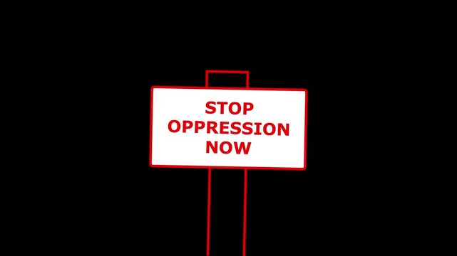 Stop oppression nowboard icon sign animation on transparent background, Animated Black Friday Sale text graphic with red glow on dark background, 4k video