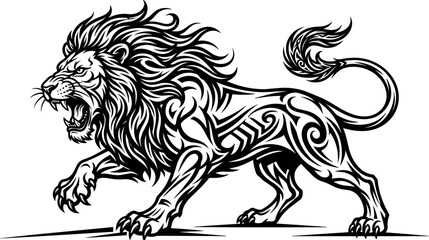 Obraz premium Powerful roaring lion vector mascot with tribal tattoo pattern details isolated on a clean white background graphic illustration