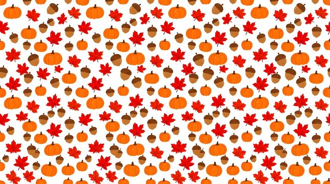 Seamless repeating autumn pattern featuring vibrant colorful pumpkins alongside beautiful maple leaves and scattered acorns perfect for fall season backgrounds