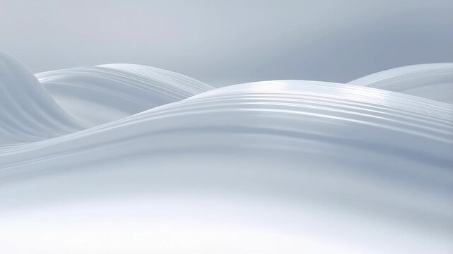 Smooth white and silver wave lines undulate and flow gently across a light gradient background. Design backdrop with flowing movement, soft glow and layered depth.