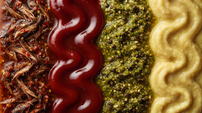 Close up top view of four dense vertical waves of textured spicy sauces