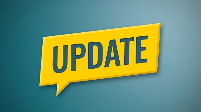 Yellow speech bubble with update text on a blue background