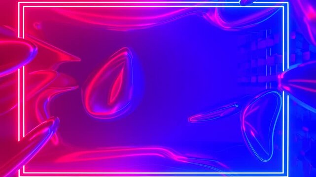 Neon pink and blue glowing rectangular frames pulse and drift slowly across a dark gradient background. Animated scene combines rectangular frames and amorphous 3d shapes with glowing light.
