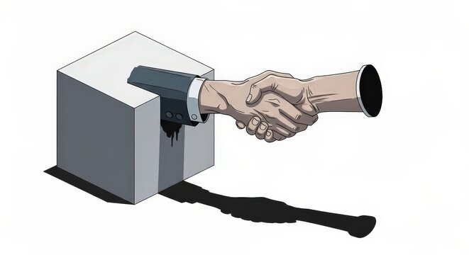 Business handshake with hidden knife shadow revealing deception and corporate betrayal concept