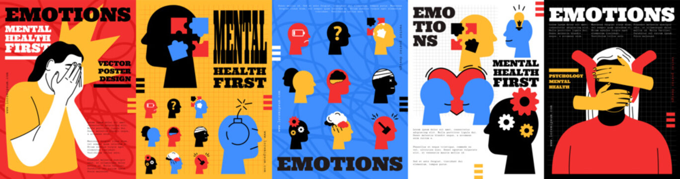 Psychology poster. Psychiatry flyer. Mental health, emotion support. Therapy with behavior. Silhouette of hand, head. Consultation mind. Vector garish card cartoon flat style isolated illustration