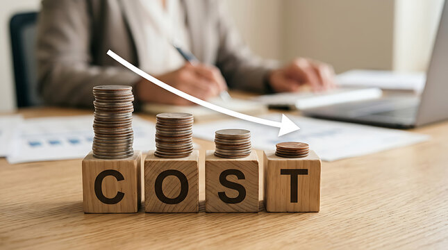 Cost reduction concept with wooden blocks and coins on office desk
