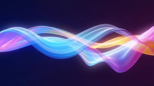 Colorful translucent light ribbons flow and twist smoothly across a dark digital space background. Animated background combines glowing light with layered depth.