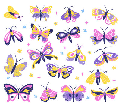 Butterfly naive. Colorful moth, wing pattern. Cute spring, insect garden. Decoration for nursery. Design is for kid. Kawaii children animal. Vector tidy cartoon flat style isolated illustration set