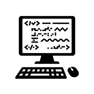 Computer Web Coding and Programming Vector Icon Desktop Monitor Keyboard Mouse Black Silhouette Isolated on White Background