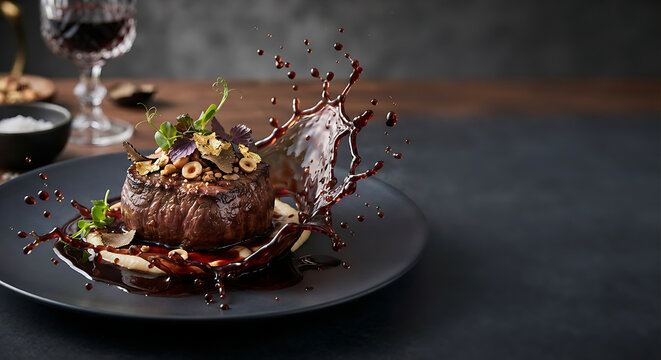 [FOOD] with an artistic frozen-motion splash of sauce, milk, juice or relevant ingredient surrounding the hero food, dynamic but believable movement, realistic droplets, detailed natural textures