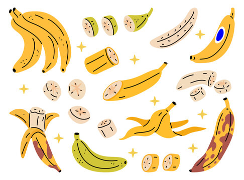 Banana slice. Whole ripe fruit, pulp piece. Unripe, overripe, brown spot on skin. Tropical organic peel. Natural food snack, summer fresh. Vector tidy cartoon flat style isolated illustration set