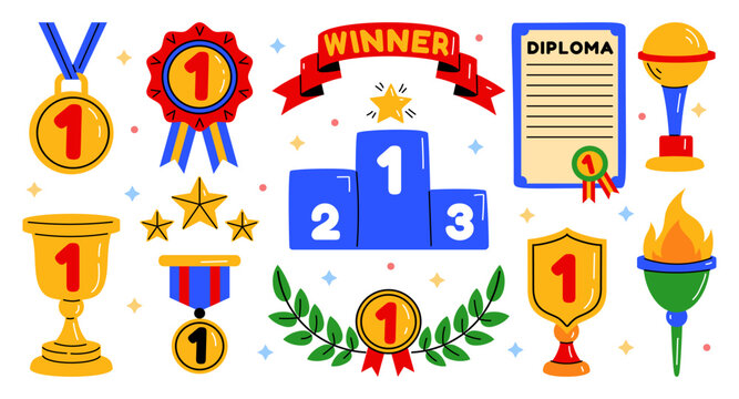 Award doodle. Trophy sticker, gold cup. Medal with laurel of winner. Diploma of competition ceremony. Victory sport achievement. Champion reward. Vector tidy cartoon flat isolated illustration set