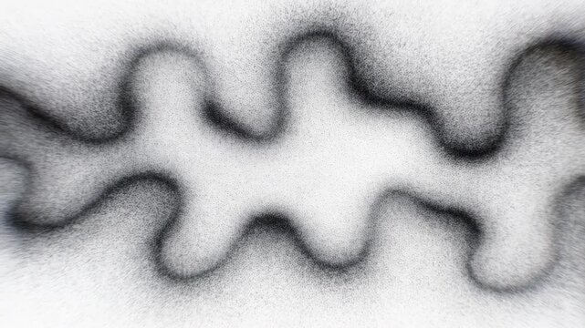 Black particles flow and shift forming a continuous wavy line pattern on a white background. Animated background combines soft blur with layered depth.
