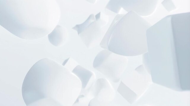White and light gray matte cubes, spheres, and rounded cubes float and drift slowly across a bright white abstract space. Floating movement creates soft lighting and visible depth.