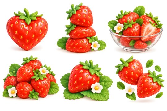 3D Strawberry Arrangements with Leaves, Flowers and Glass Bowl