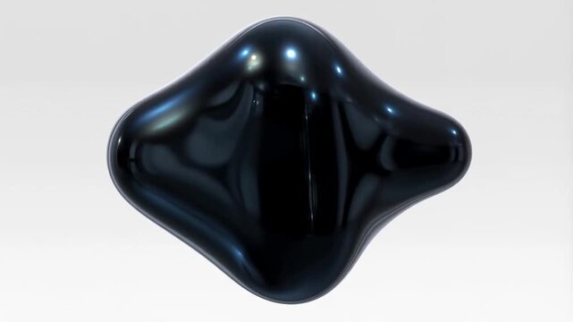 Black glossy amorphous 3D shape rotates and morphs against a plain light gray background. Animated scene combines smooth surface and reflections with reflection.