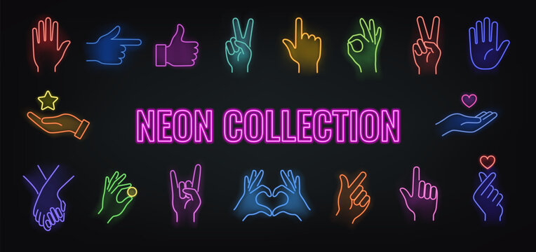 Neon icon hand. Glowing cursor, human gestures, class, goat, heart sign. Thumbs up, review concept. App logo. UI element menu, expressive communication for modern interface design. Vector isolated set