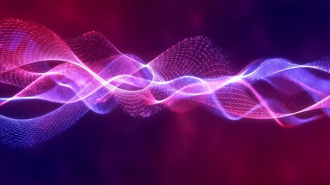 Intertwined glowing wave mesh structures flow horizontally with shimmering particles on a dark gradient background. Animated scene combines mesh grids and particles with glowing light.