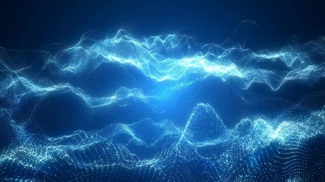 Glowing blue particles flow and pulse along undulating mesh lines on a dark blue gradient background. Animated texture shows particles and mesh lines with flowing movement.