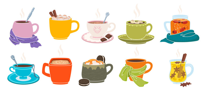Hot drink in mug. Chocolate coffee, cocoa. Whipped cream with marshmallows. Mulled wine, cozy cup steam. Warm beverage autumn, winter assortment. Vector cafe cartoon flat style isolated illustration