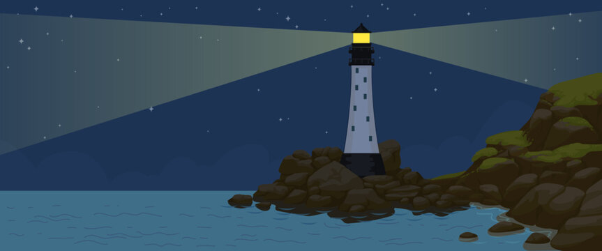 Lighthouse at night. Dark sky with moon, star scenery. Beacon glow on rocky shore. Ocean coast maritime. Moody marine landscape, scenic wave. Horizontal backdrop. Vector nocturnal calm background
