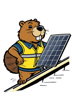 Cartoon beaver wearing a safety vest installing a solar panel on a roof