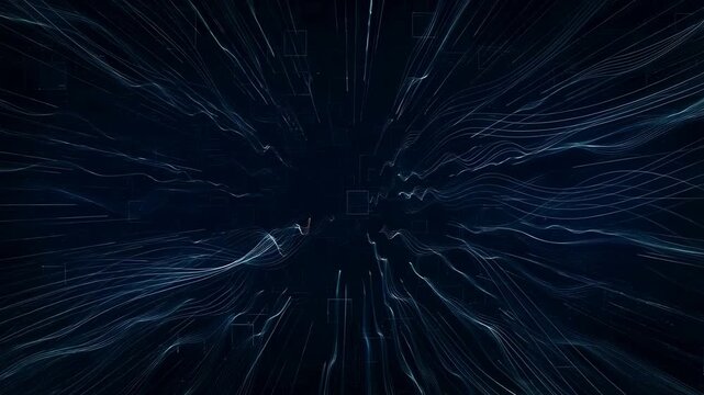 Abstract animation of glowing blue lines flowing outward from the center on a dark background. Animated texture shows lines and rectangles with flowing movement.