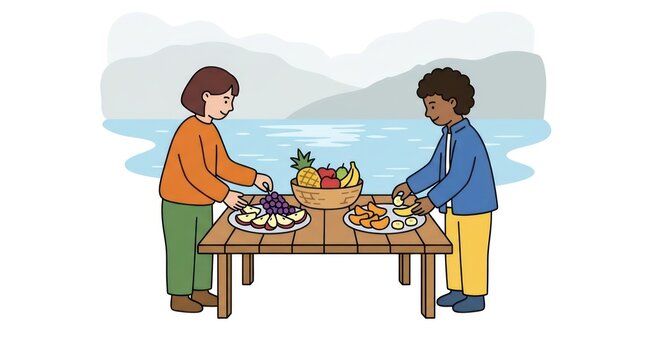 Diverse couple preparing fresh fruit snacks on a wooden table outdoors