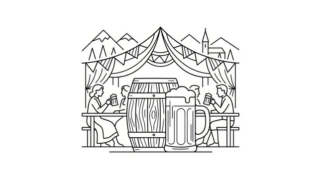Traditional german beer festival line art illustration